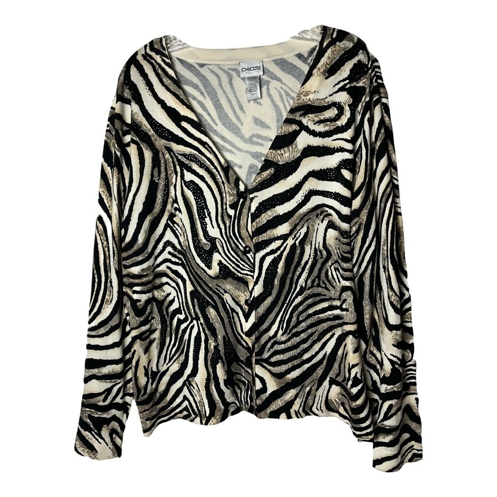 Chico’s | Silk Blend Studded Animal Print Long Sleeve Lightweight Cardigan, XL